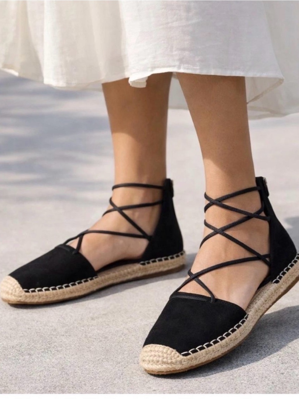 Eileen Fisher Women's Espadrille Shoe Size 7 Elastic Lace Ankle Strap Flat Black